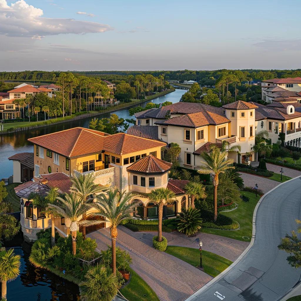 Luxury waterfront homes in Jacksonville Beach with palm trees, landscaped gardens, and a serene canal view, showcasing the high-end living environment emphasized by Maria Wilkes' real estate expertise.