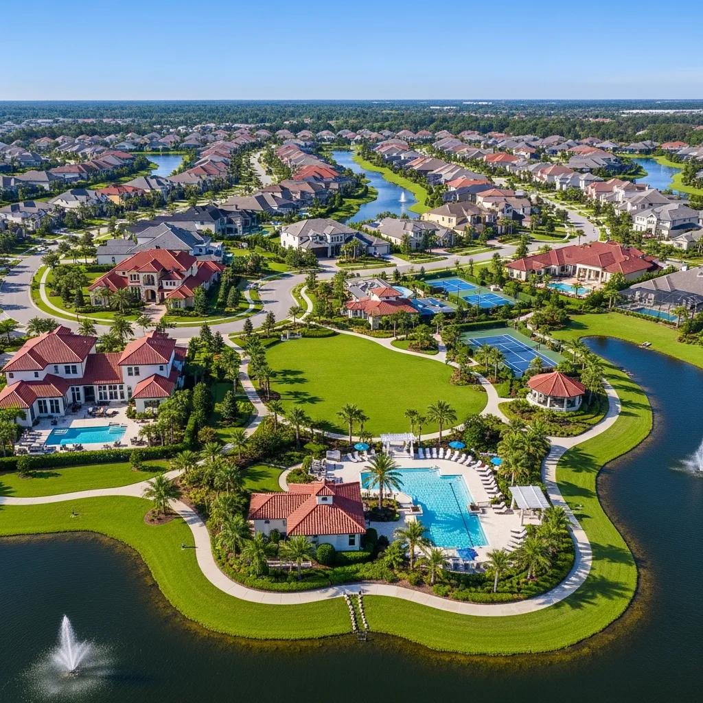Aerial view of a luxury neighborhood in Jacksonville, showcasing upscale homes and community amenities