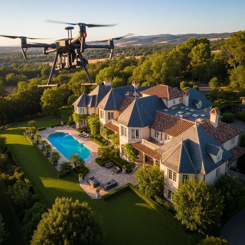 Aerial view of a luxury property with a drone inspecting the home, featuring a pool and landscaped gardens, emphasizing high-end real estate inspections.