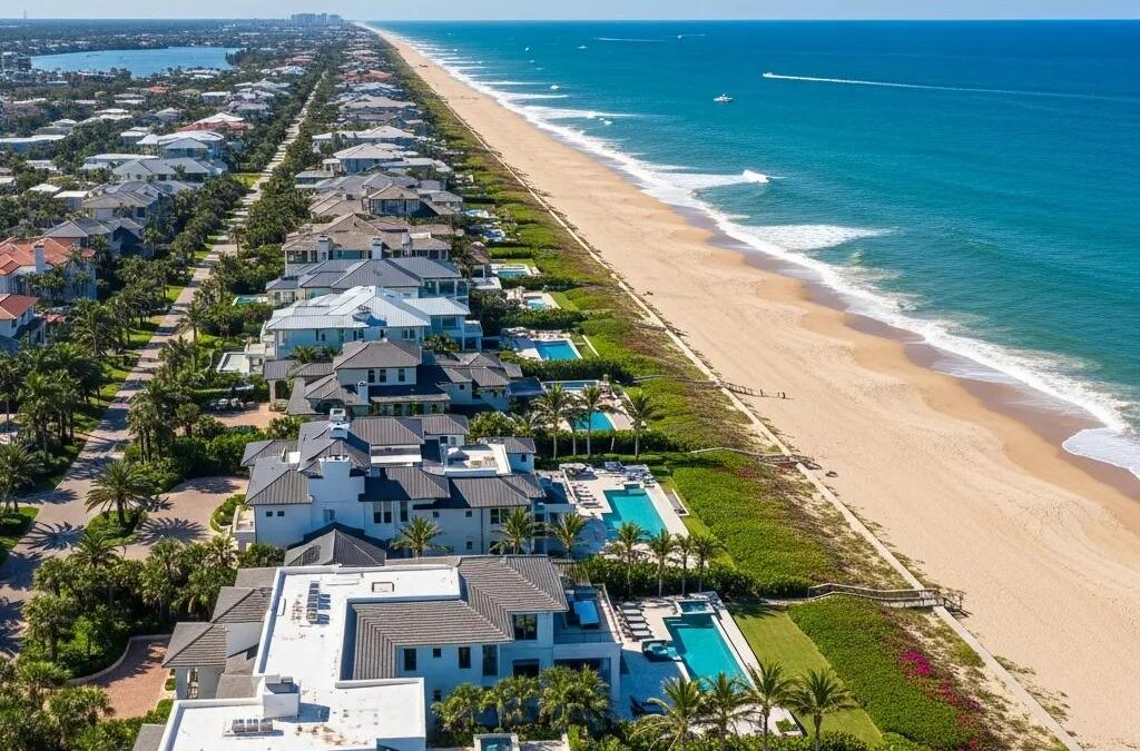 Aerial view of luxury beachfront properties along Atlantic Beach, showcasing oceanfront homes, sandy beach, and vibrant coastal landscape.