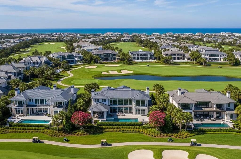 Aerial view of luxury homes in Atlantic Beach Country Club highlighting modern architecture and lush surroundings