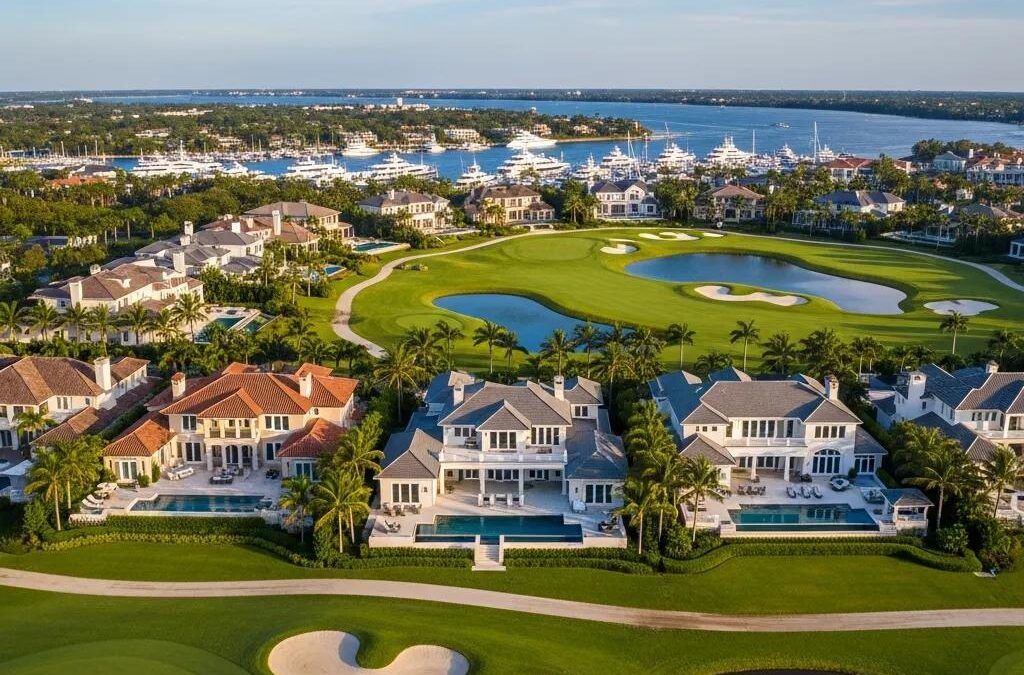 Aerial view of luxury homes in Atlantic Beach Country Club with golf course and waterfront