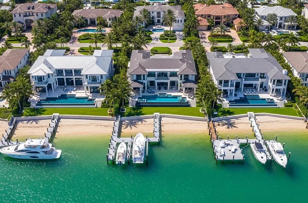 Aerial view of luxury waterfront homes in Atlantic Beach, highlighting upscale living and scenic beauty