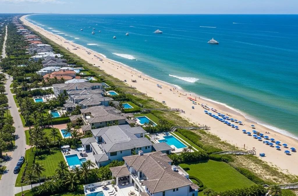 Aerial view of luxury waterfront properties in Atlantic Beach, showcasing high-end homes, private pools, and sandy beaches, emphasizing coastal beauty and upscale living.
