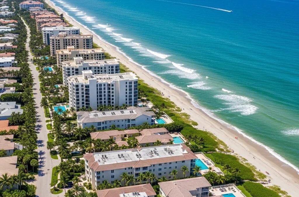 Aerial view of luxury waterfront condos in Sea Gardens, Florida, showcasing oceanfront properties, sandy beach, and vibrant coastal lifestyle.