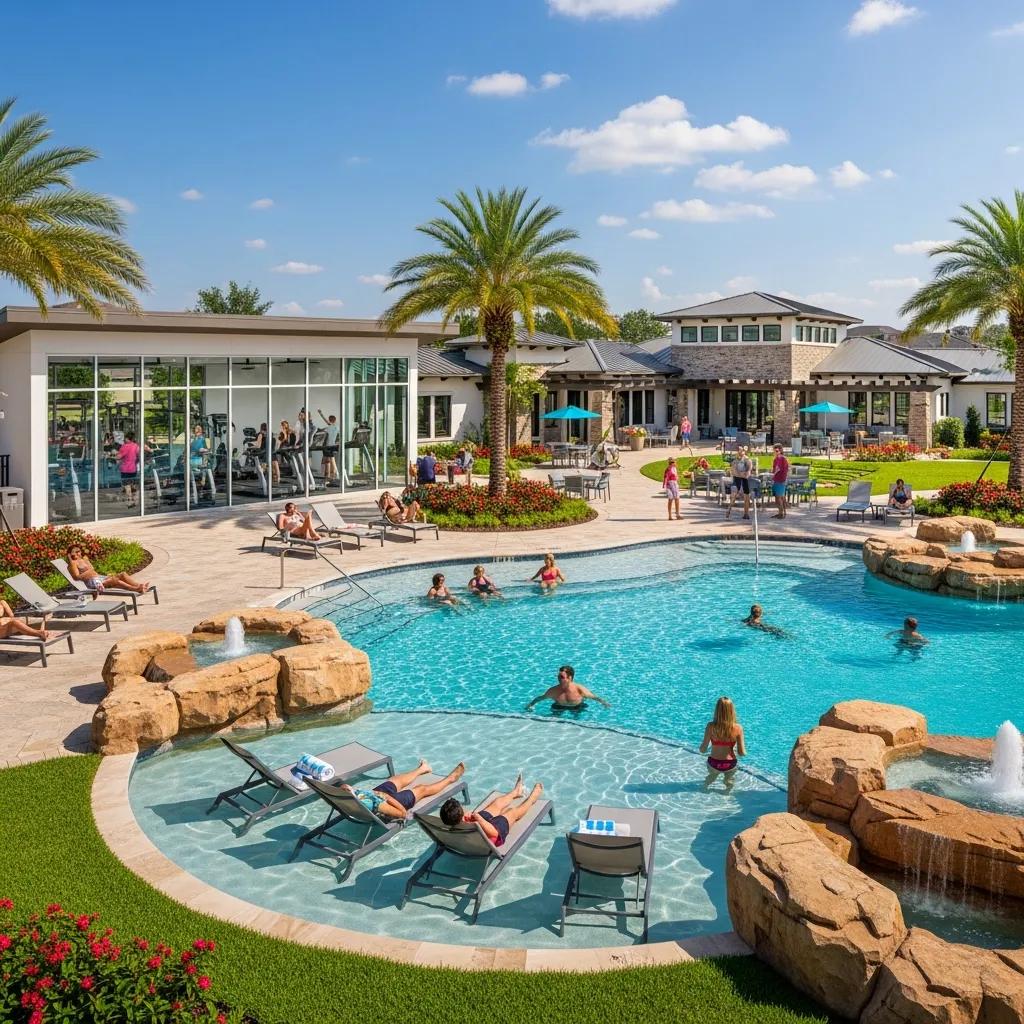 Amenities of a luxury gated community, showcasing a resort-style pool and fitness center