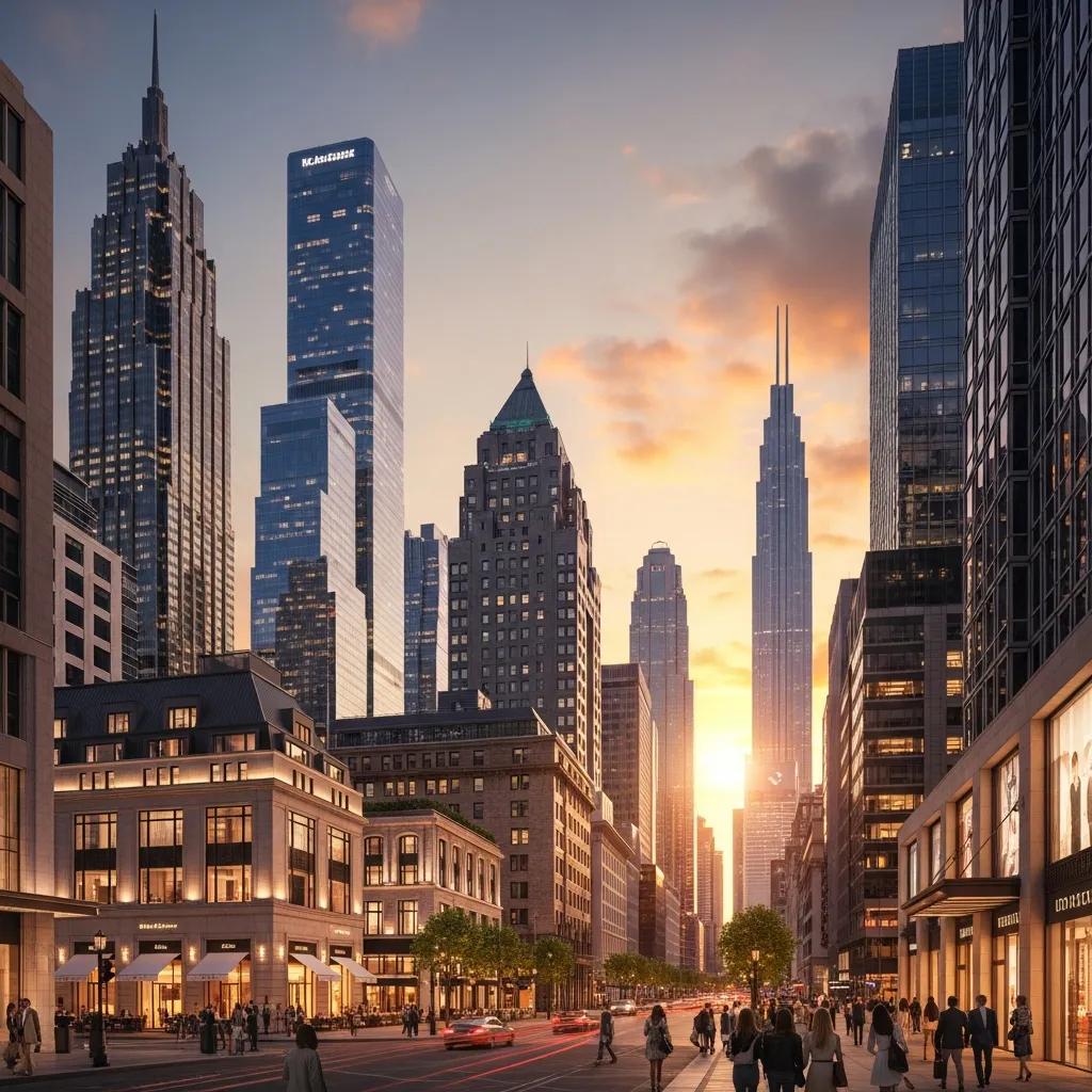 City skyline featuring luxury buildings, upscale lifestyle elements, and sunset ambiance, reflecting trends in the U.S. luxury real estate market for 2026.