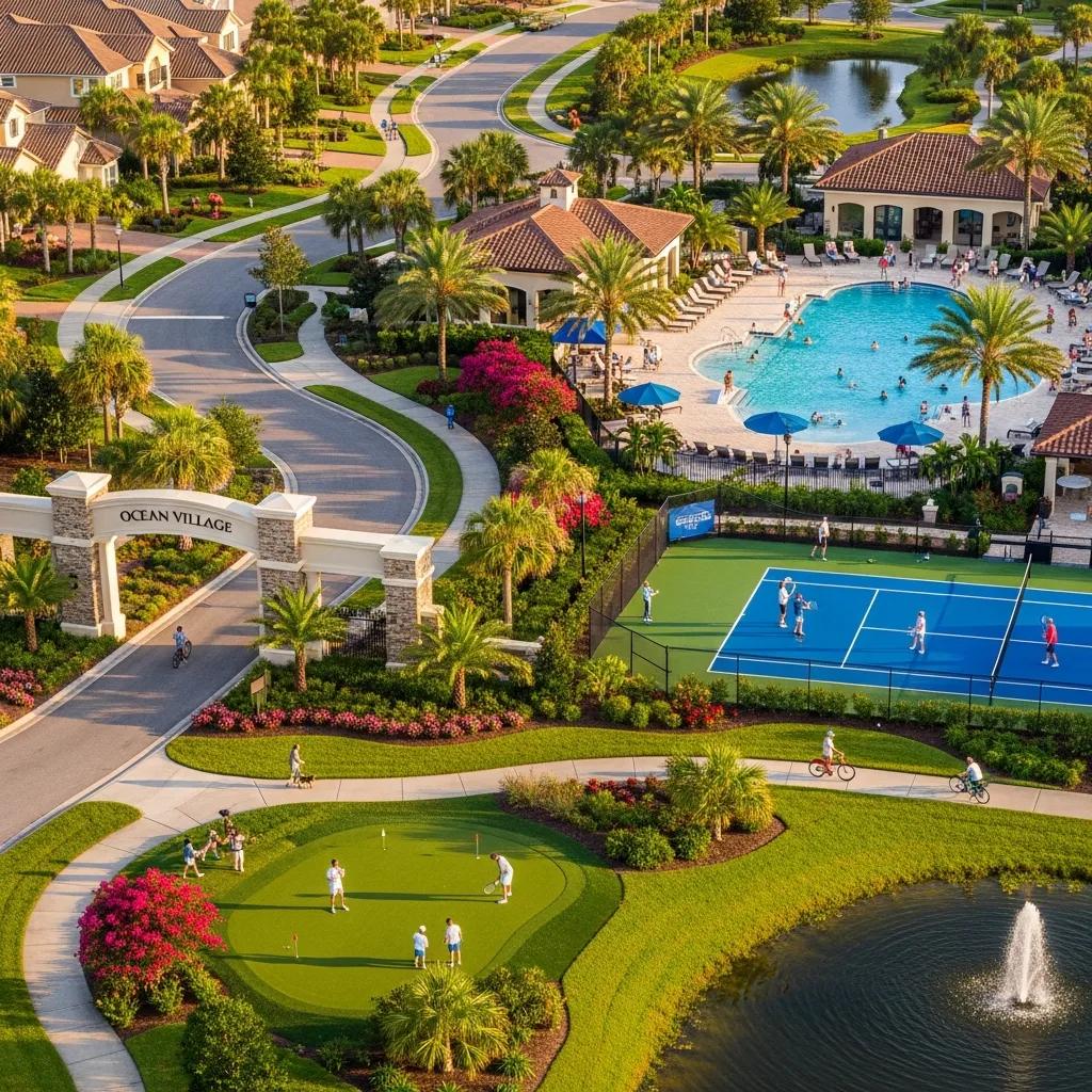 Community amenities in Ocean Village with residents enjoying outdoor activities