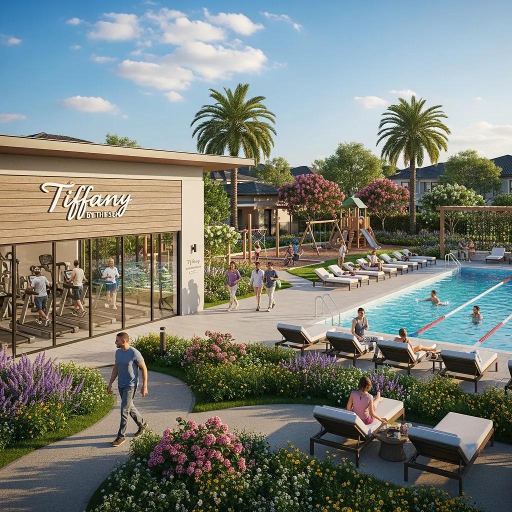 Community amenities at Tiffany by the Sea featuring a fitness center, swimming pool, and lush landscaping, designed for active adults in a luxury beachfront setting.