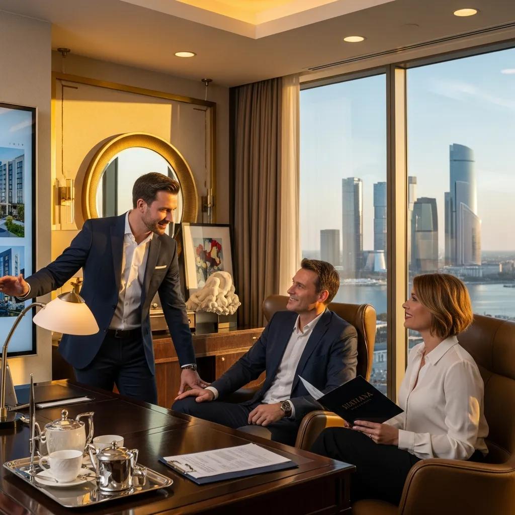 Real estate agent assisting clients in a luxurious office, showcasing personalized advisory services for luxury properties in Atlantic Beach, with city skyline in the background.