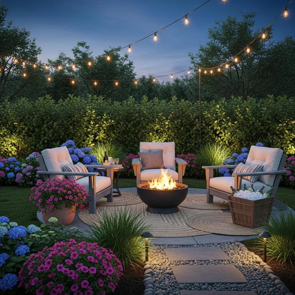 Cozy backyard entertainment area featuring a fire pit, comfortable seating, and vibrant flowers, illuminated by string lights, ideal for social gatherings and relaxation.