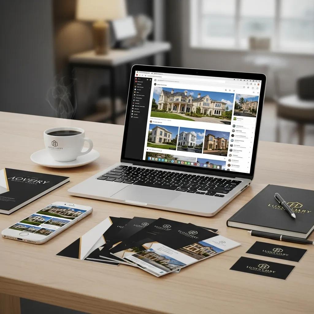 Laptop displaying luxury property images on social media, coffee cup, smartphone with real estate listings, and marketing materials on a desk, emphasizing digital marketing innovations for luxury home sales.