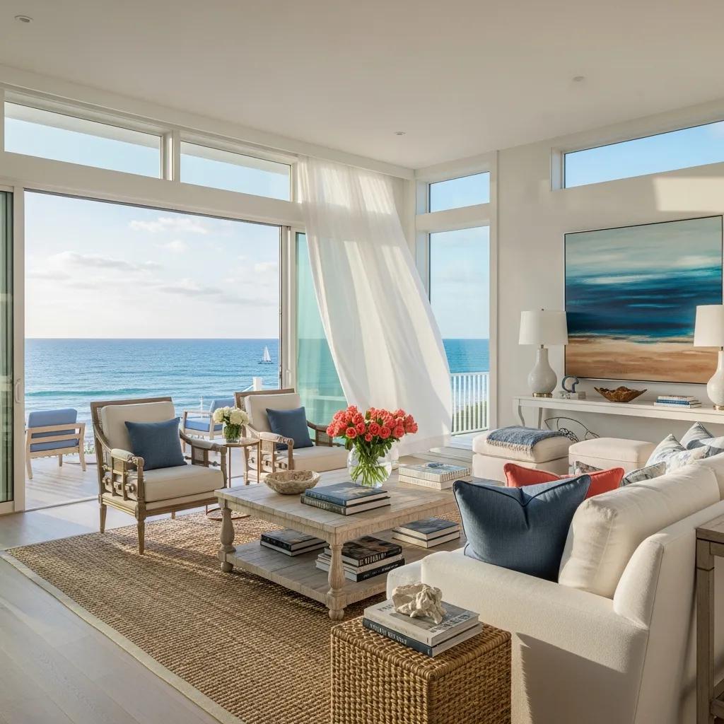 Elegant interior of a luxury beach rental with ocean views, featuring a bright living space, comfortable seating, and a coffee table adorned with books and flowers, emphasizing coastal lifestyle and modern design.