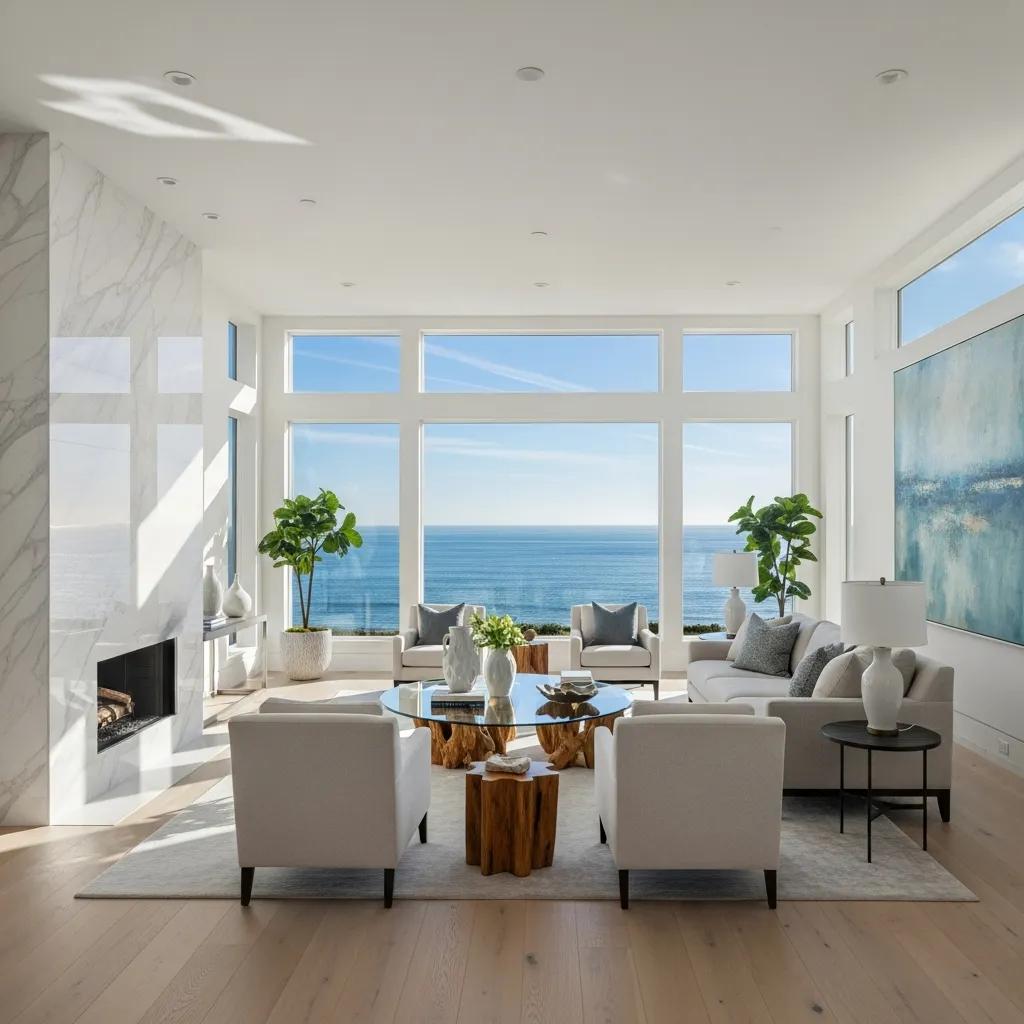 Elegant interior of a luxury coastal home featuring large windows with panoramic ocean views, modern furnishings, and stylish decor, emphasizing high-end living and exclusive amenities.