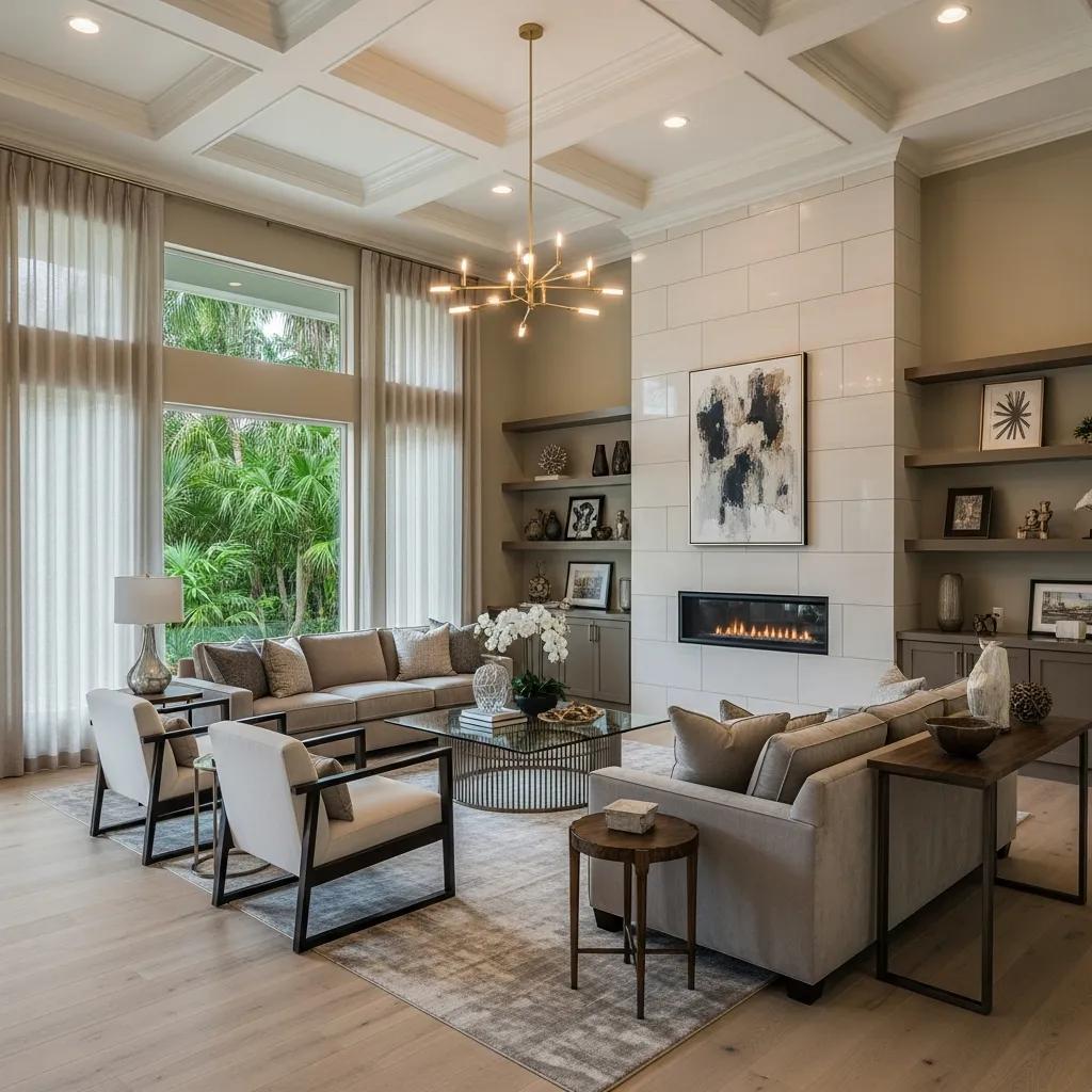 Elegant interior of a luxury home featuring spacious living areas, high-end finishes, modern furnishings, and large windows overlooking greenery, reflecting current trends in Northeast Florida's luxury real estate market.