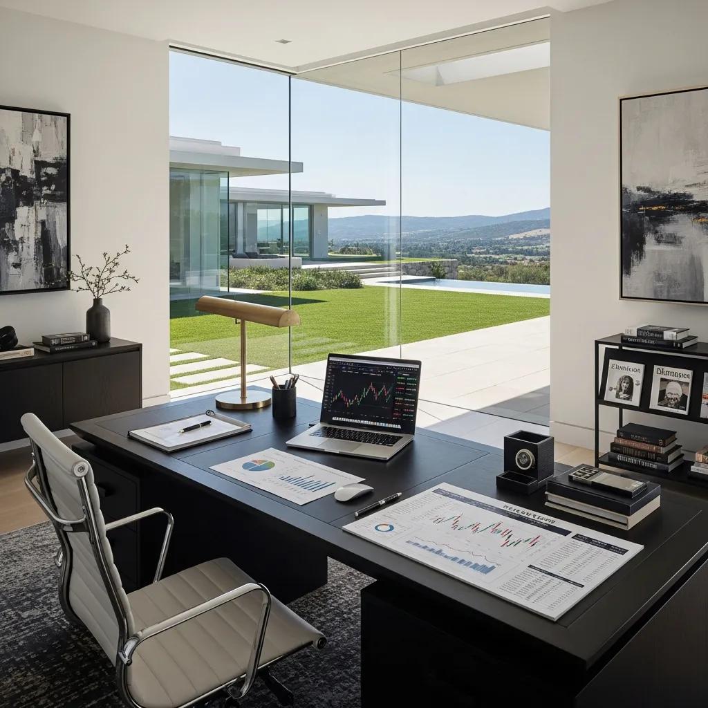 Elegant luxury home office with financial documents, laptop displaying market data, and large glass windows offering scenic views, emphasizing investment potential in luxury vacation rentals.