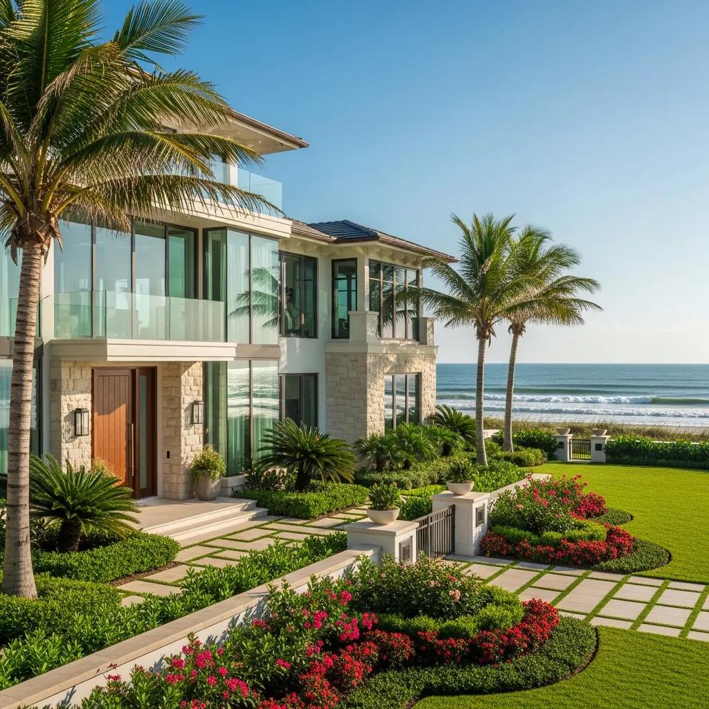 Elegant oceanfront home in Atlantic Beach featuring luxury architecture, landscaped gardens, and palm trees, highlighting desirable coastal living.