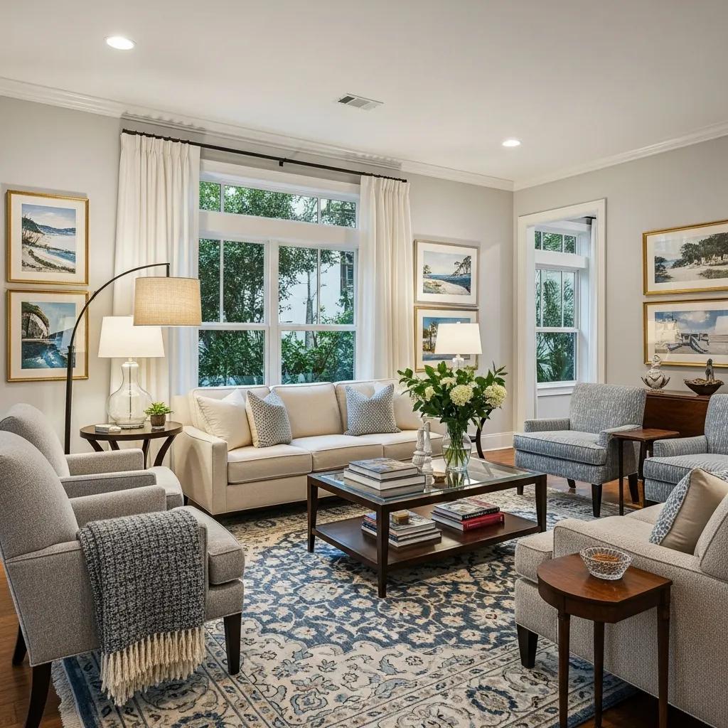 Elegantly staged luxury living room featuring high-quality furniture, tasteful decor, and natural light, ideal for showcasing Jacksonville Beach properties.