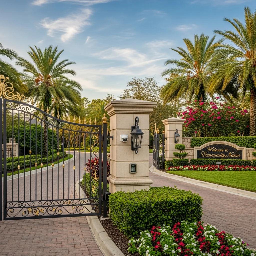 Entrance to a gated community in Jacksonville, highlighting security features and lush landscaping