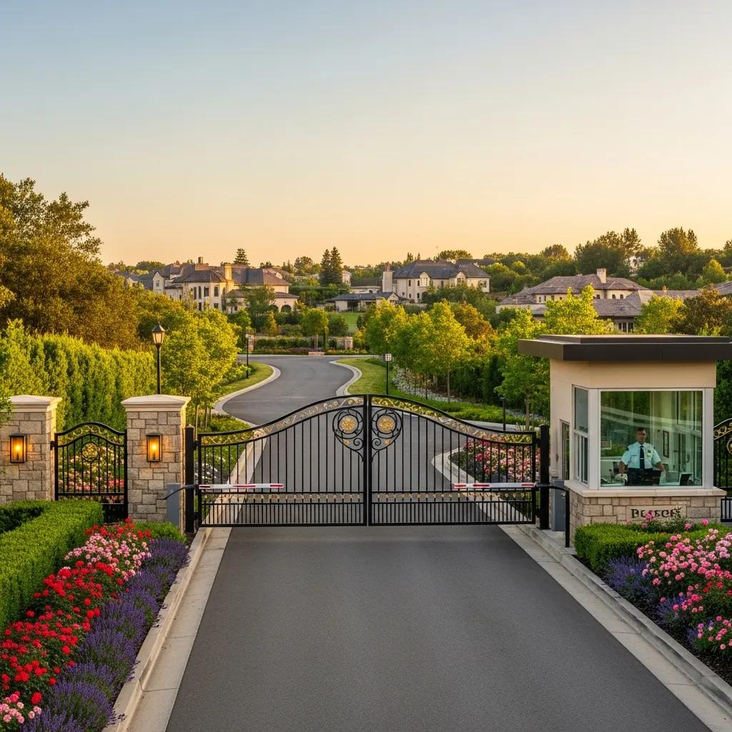 Gated entrance to a luxury community featuring ornate gates, security kiosk, landscaped pathways, and upscale homes in the background, emphasizing exclusivity and safety in luxury real estate neighborhoods.