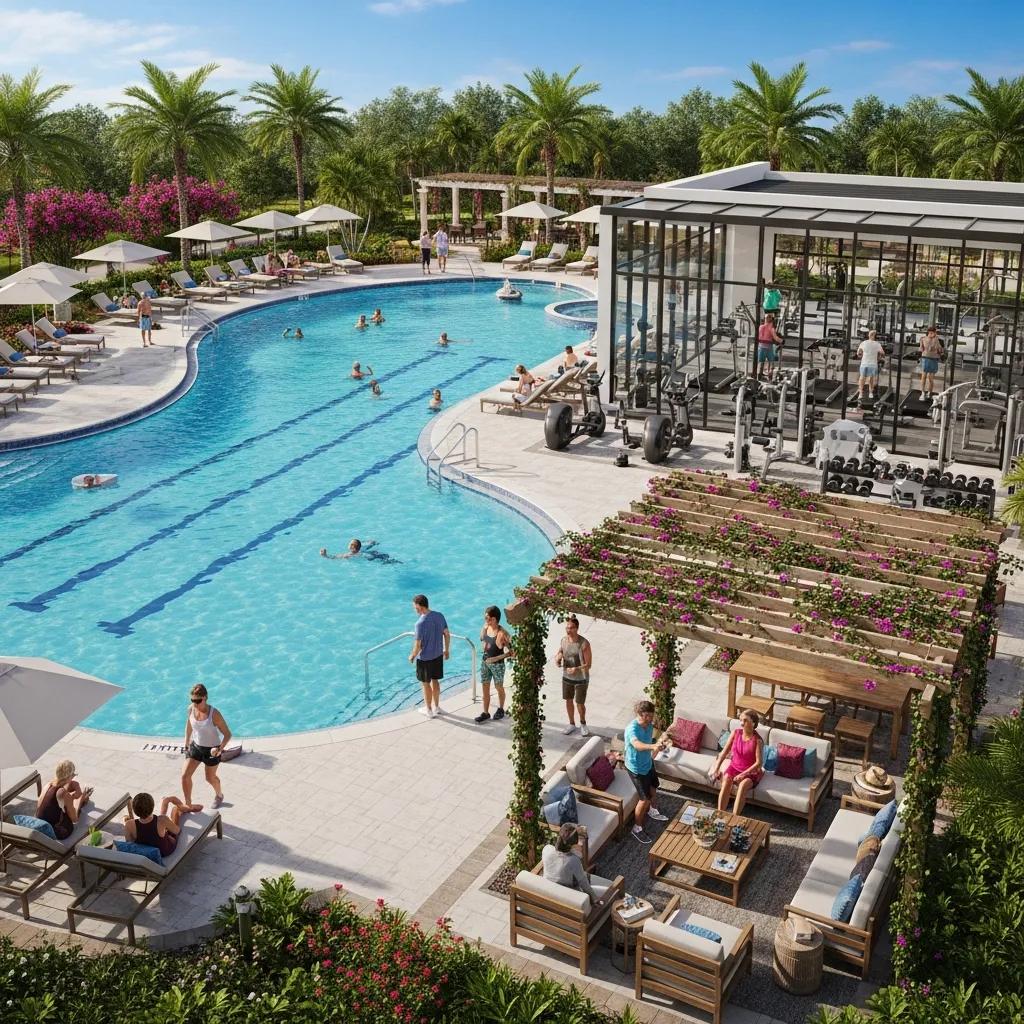 Exclusive amenities at Sea Gardens FL featuring a swimming pool and fitness center for active adults