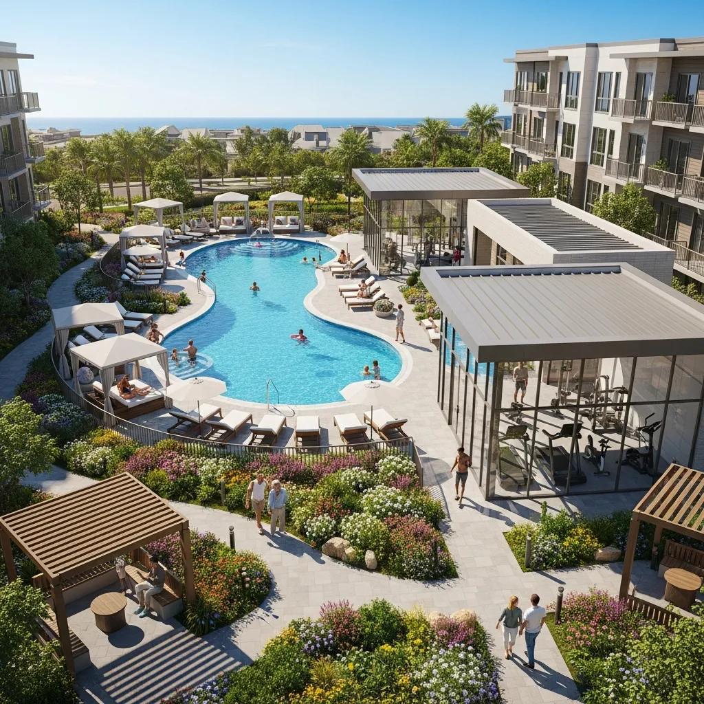 Luxury community amenities in Tiffany by the Sea featuring a pool, fitness center, and landscaped gardens with residents enjoying coastal living.