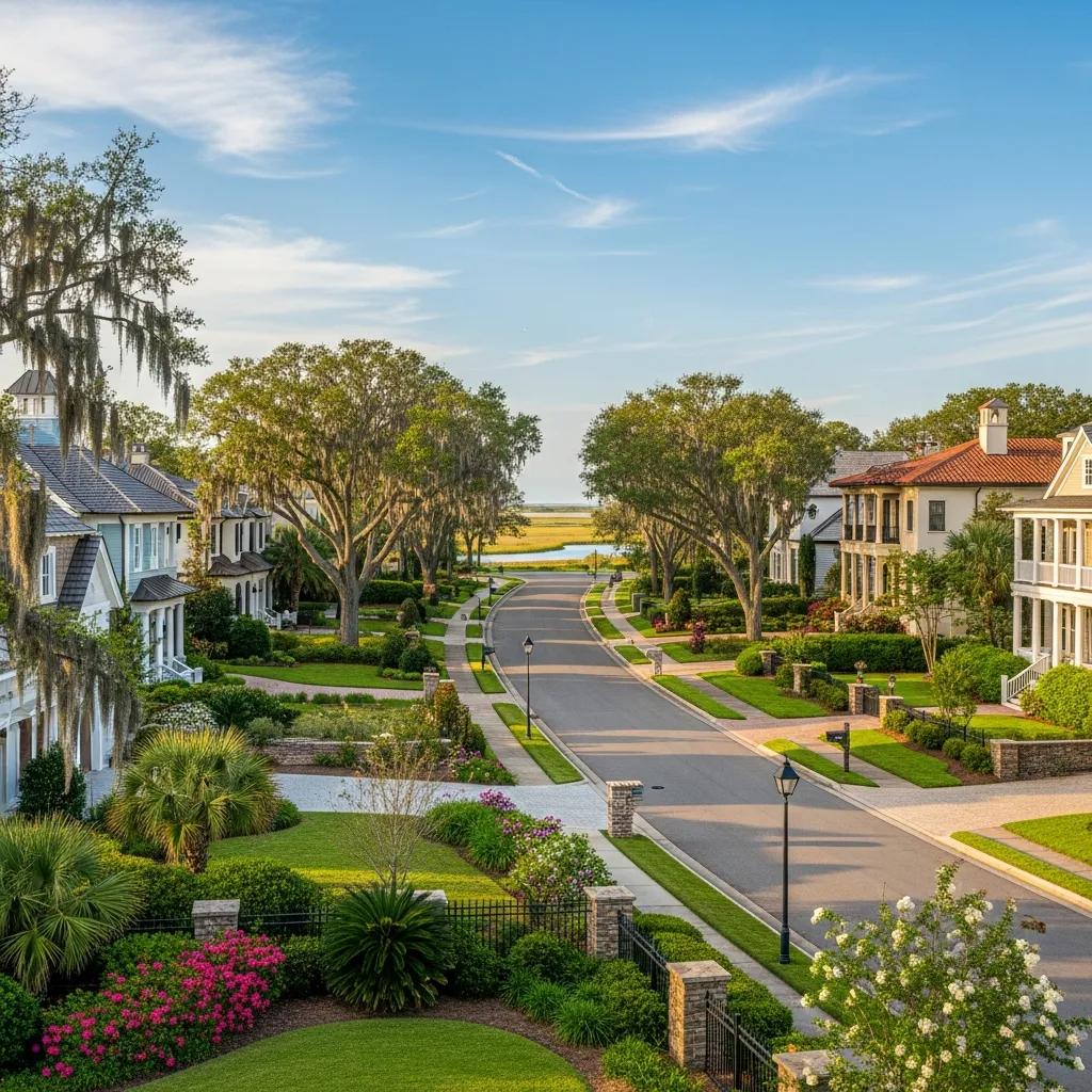 Upscale neighborhood in Atlantic Beach featuring luxurious homes, lush landscaping, and serene streets with ocean views, emphasizing a tranquil lifestyle near pristine beaches.