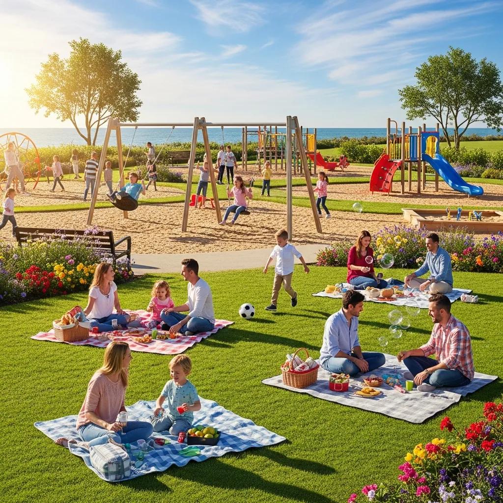 Families enjoying a park with children playing in a family-friendly community