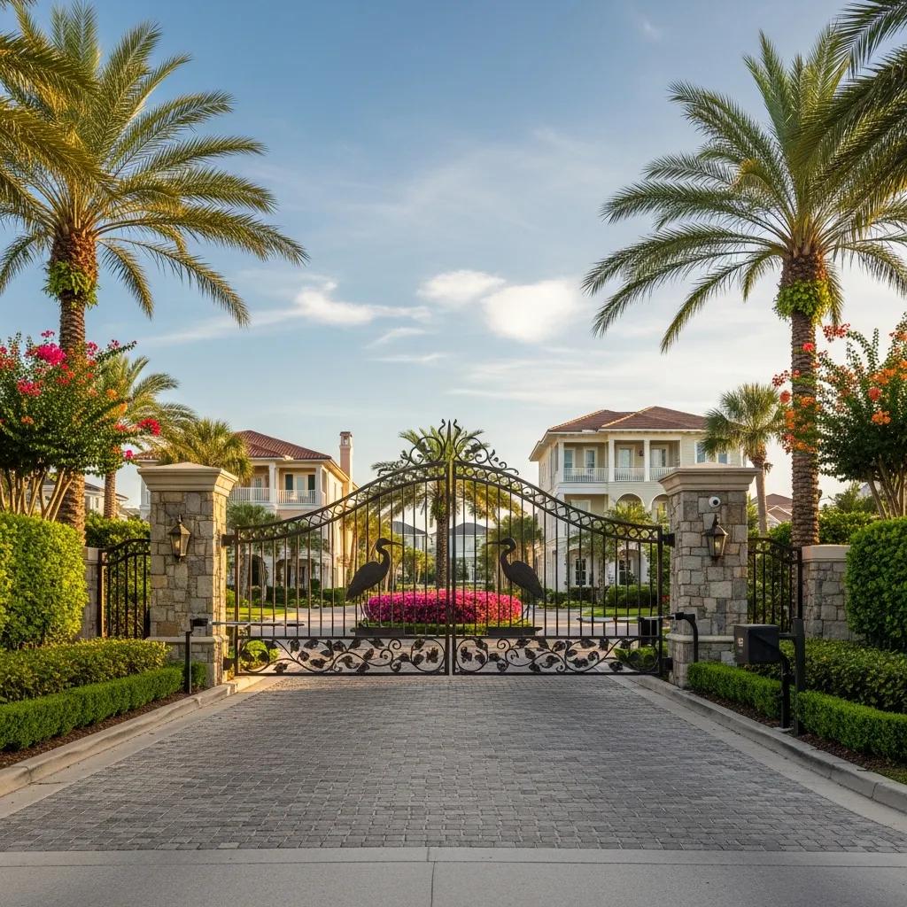 Gated entrance to a luxury community in Atlantic Beach, featuring elegant homes, palm trees, and vibrant landscaping.