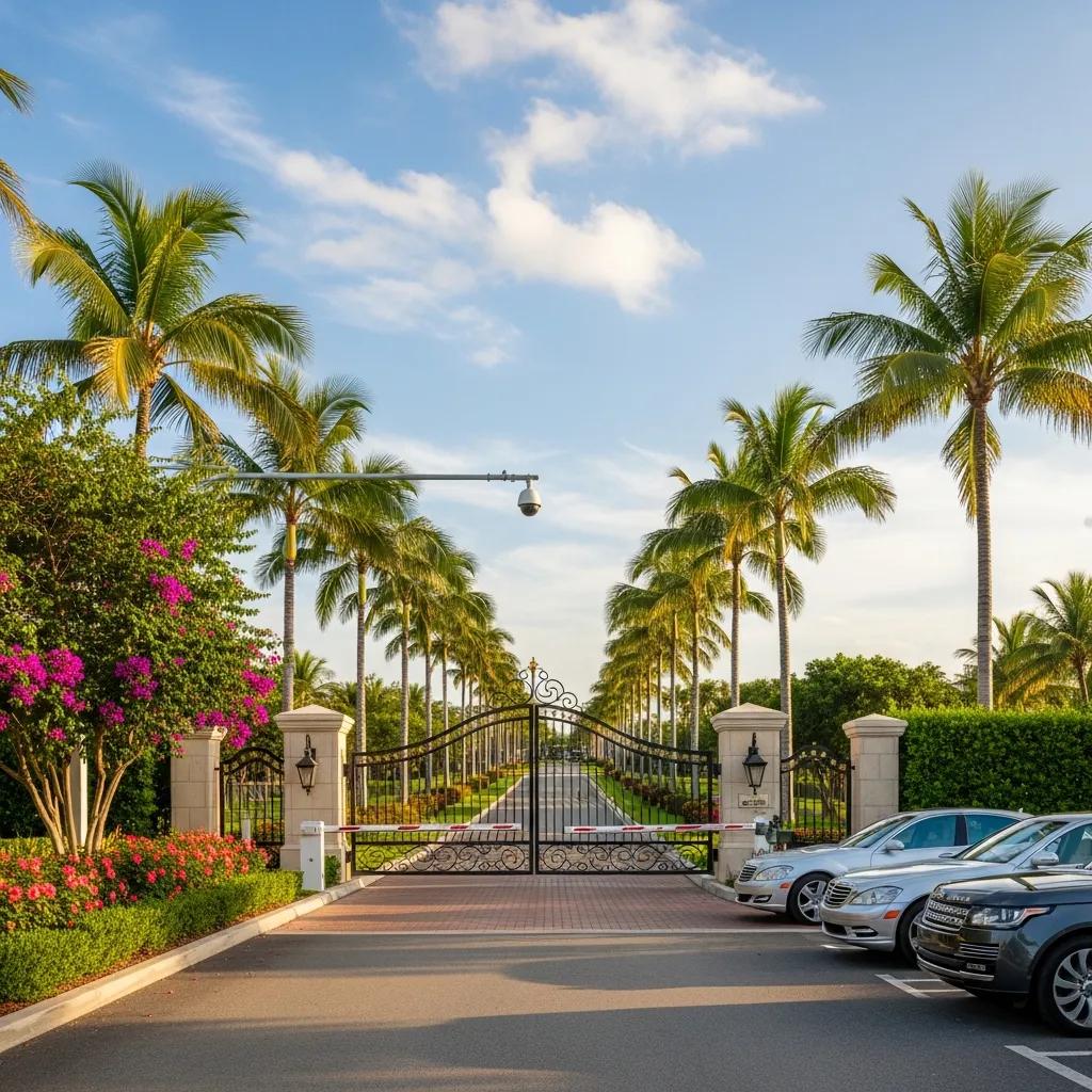 Gated entrance of a luxury community in Ocean Village, featuring palm trees, vibrant flowers, and parked luxury cars, symbolizing upscale living and real estate opportunities.