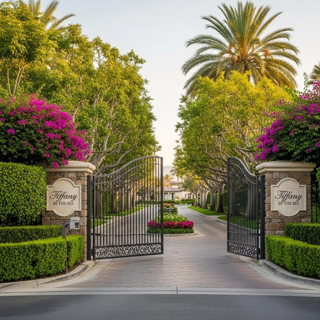 Gated entrance to Tiffany by the Sea, showcasing luxury residential community with palm trees and vibrant bougainvillea along the pathway.
