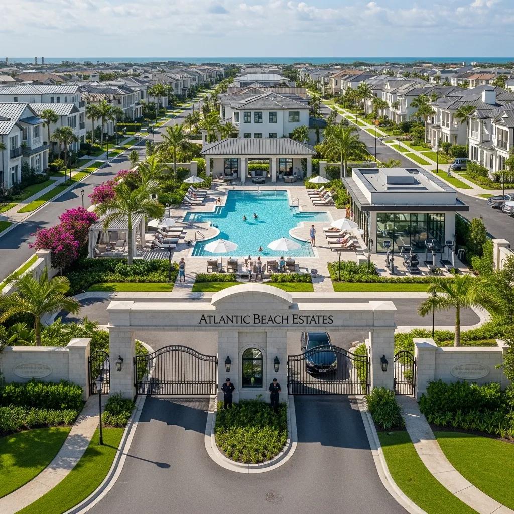 Gated community entrance of Atlantic Beach Estates featuring elegant homes, a luxurious pool area, and lush landscaping, highlighting luxury living in Atlantic Beach, Florida.