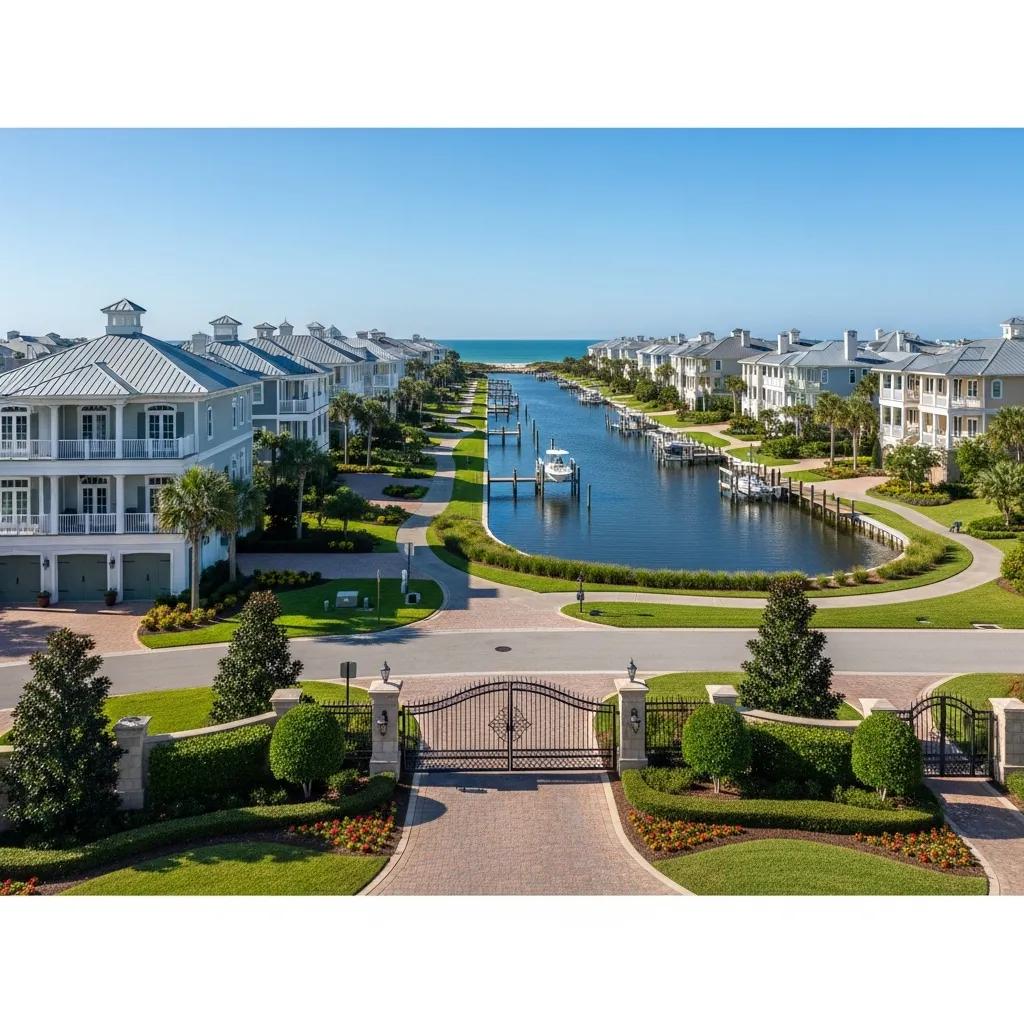 Gated community in Atlantic Beach with luxury homes and scenic waterfront, emphasizing exclusivity and lifestyle