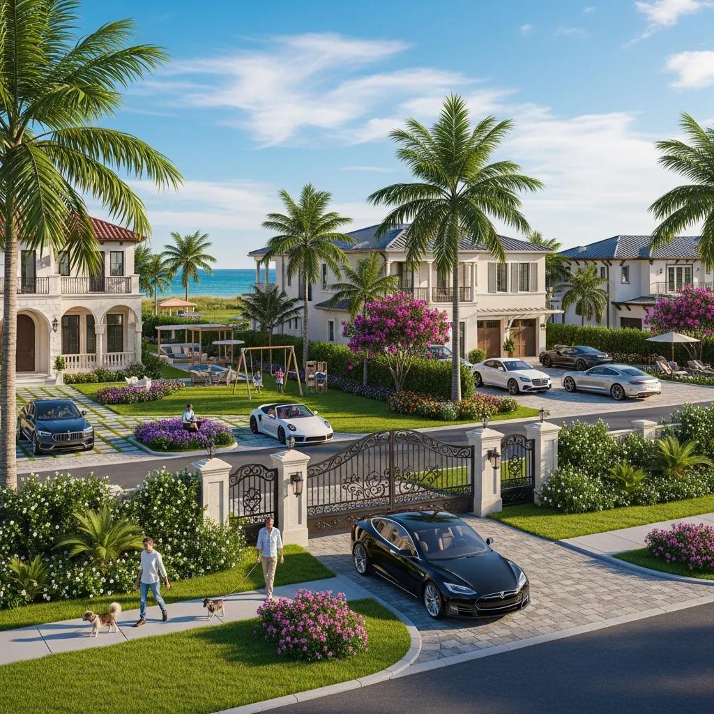 Gated luxury neighborhood in Atlantic Beach featuring upscale homes, palm trees, vibrant landscaping, and residents enjoying outdoor amenities, showcasing desirable living conditions for affluent buyers.