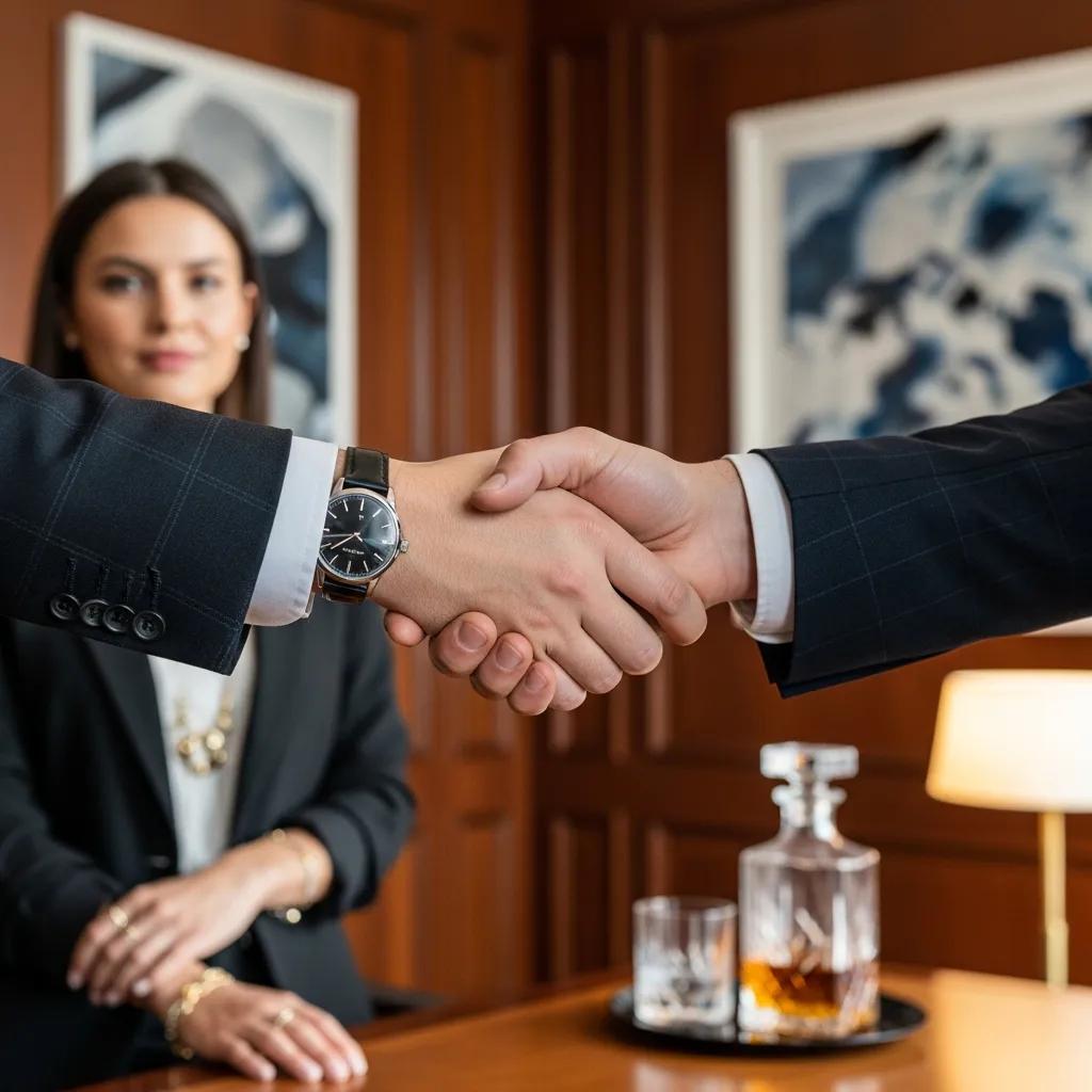 Handshake between buyer and seller in luxury real estate negotiation, with a woman in business attire observing, symbolizing successful property acquisition.