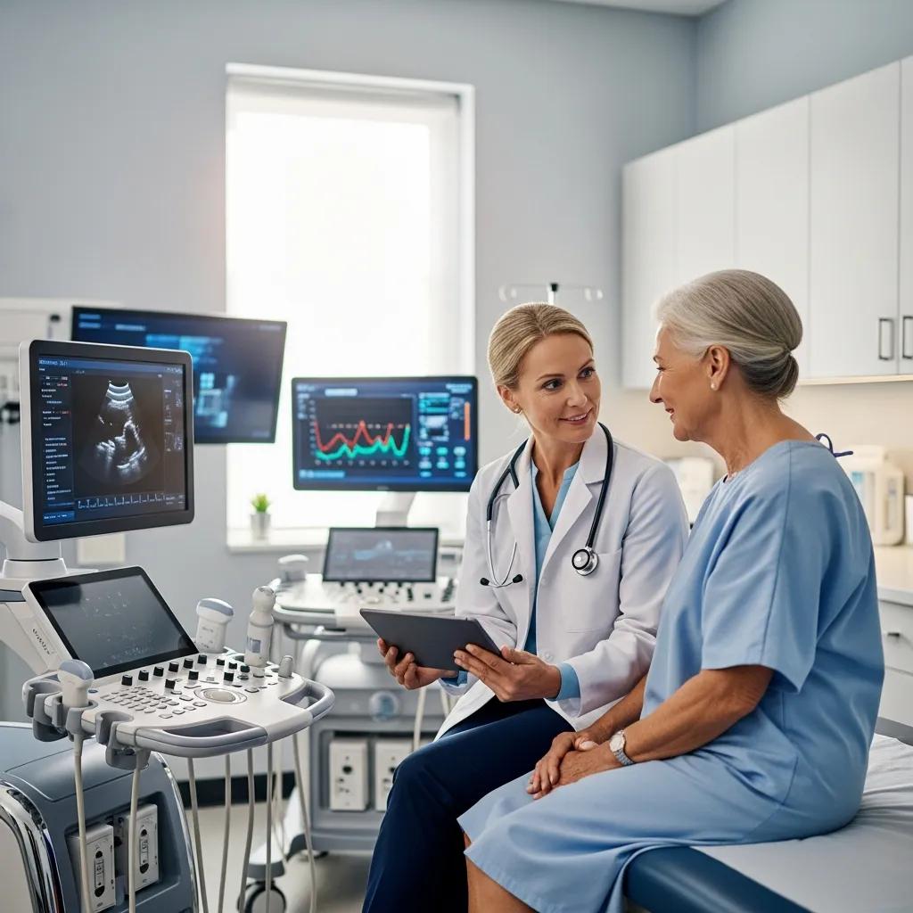 Healthcare professional consulting with patient in modern medical facility, discussing ultrasound results and health monitoring.
