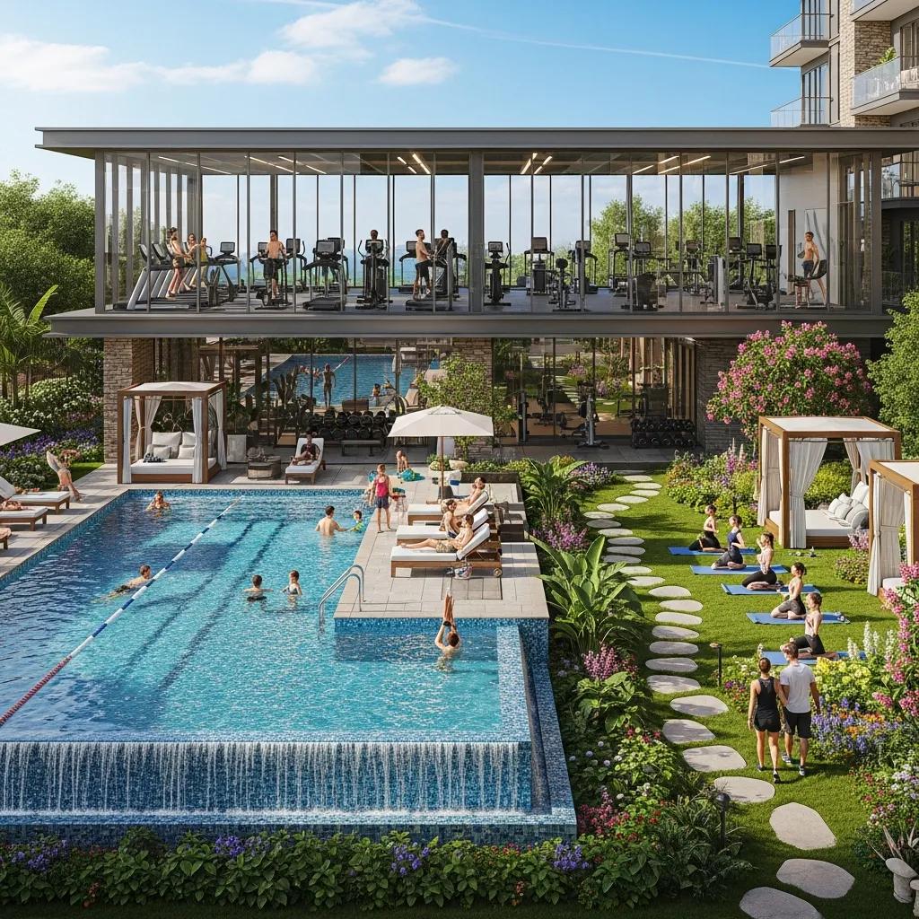 High-end community amenities featuring a luxurious swimming pool, modern fitness center, and landscaped gardens, showcasing residents enjoying leisure activities and fitness in a secure, upscale environment.