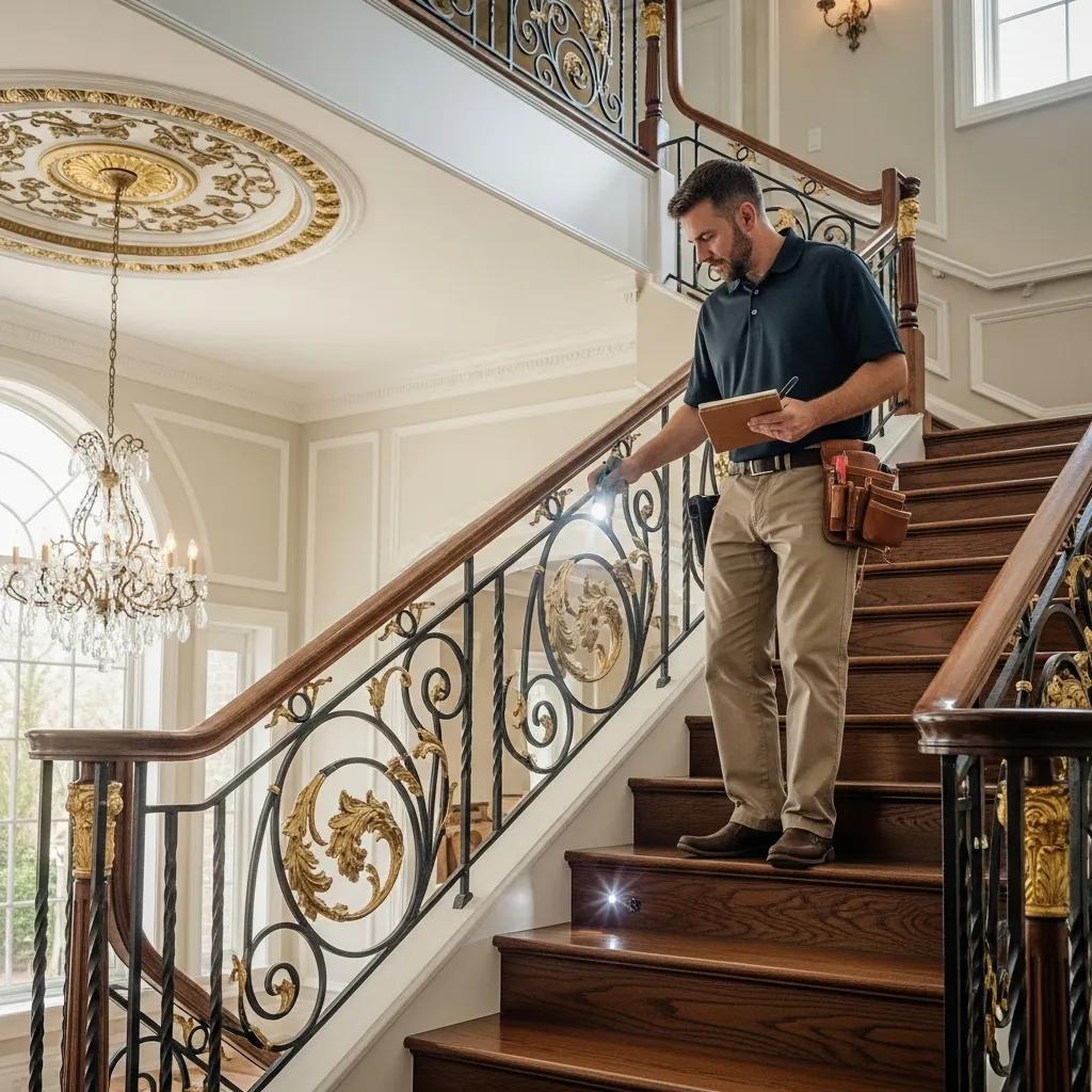 Home inspector evaluating luxury property features on ornate staircase with chandelier, highlighting inspection process for luxury home buyers.