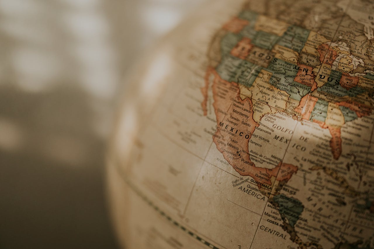 Globe focusing on North America, highlighting the United States and Mexico, symbolizing geographical awareness and connectivity relevant to Atlantic Beach's strategic location.