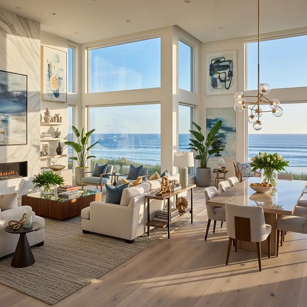 Interior of a luxury beachfront property showcasing high-end design and ocean views