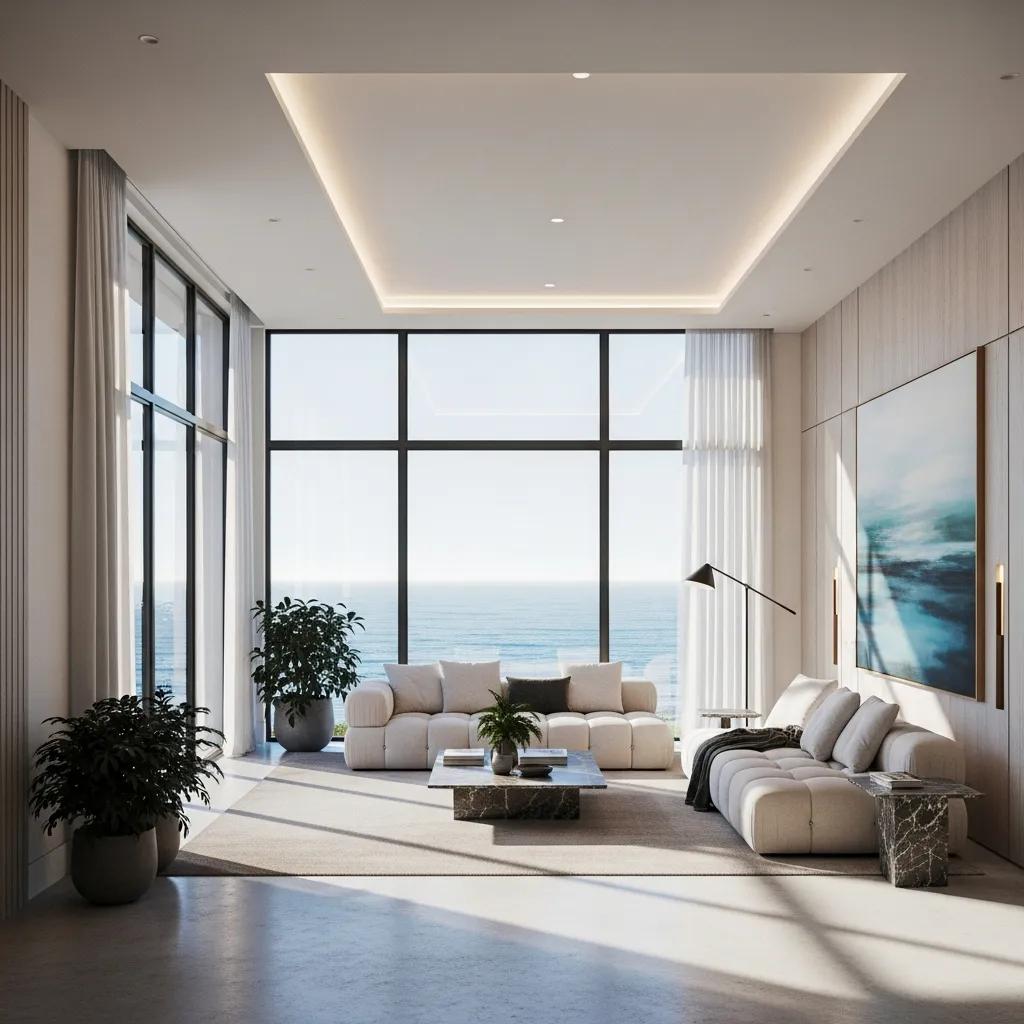 Interior of a luxury coastal property showcasing modern design and ocean views