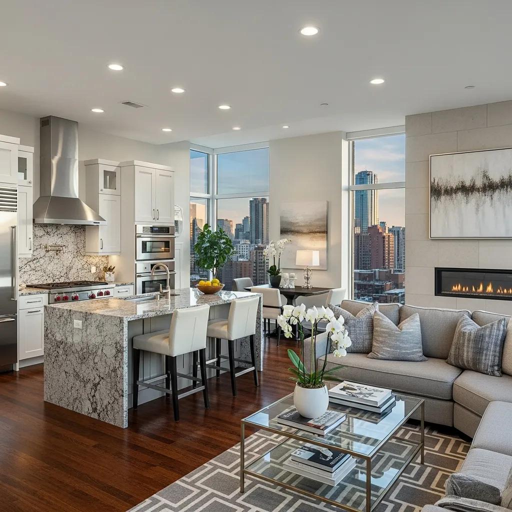 Luxury condo interior in Beaches Town Center, featuring modern design, high-quality finishes, open kitchen with granite island, stylish living area, and city skyline views.