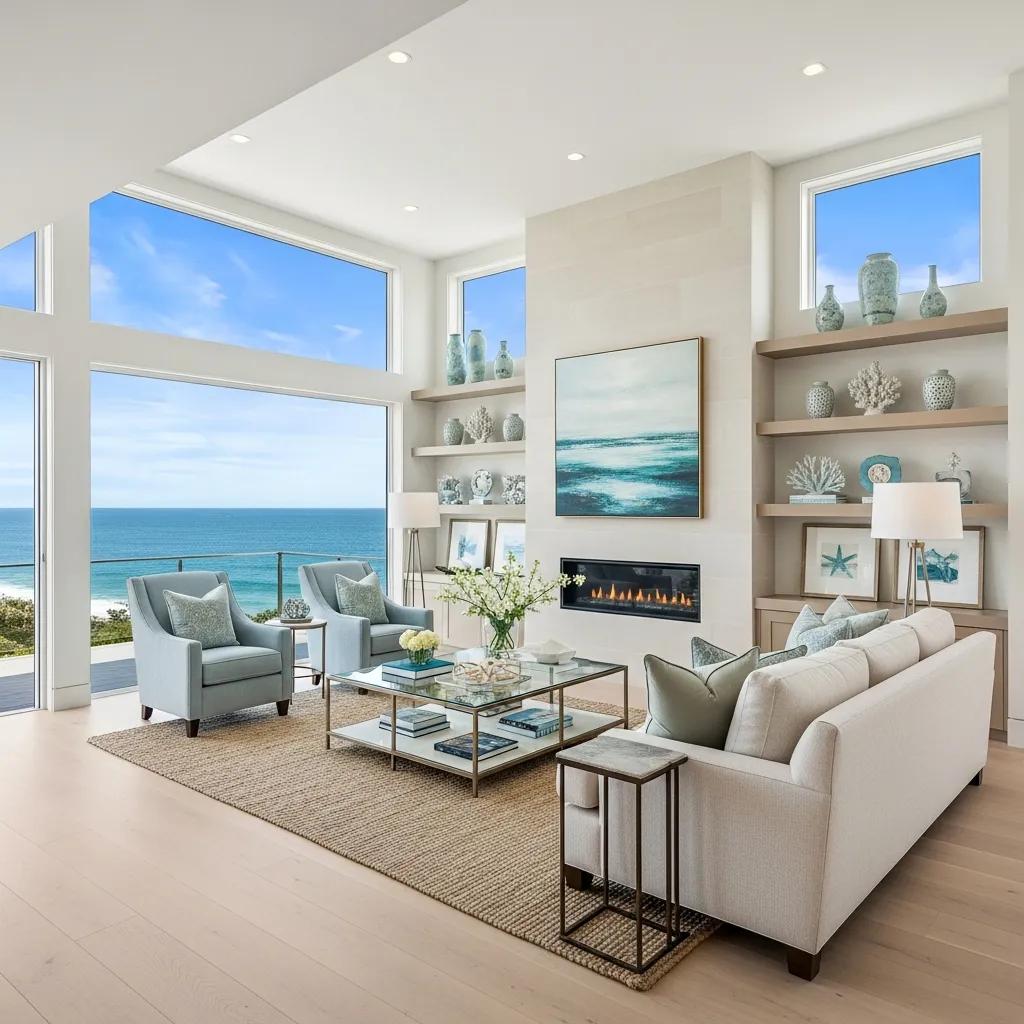 Luxury coastal living room in Sea Gardens, featuring high-end finishes, ocean views, modern decor, and spacious layout with comfortable seating and decorative accents.