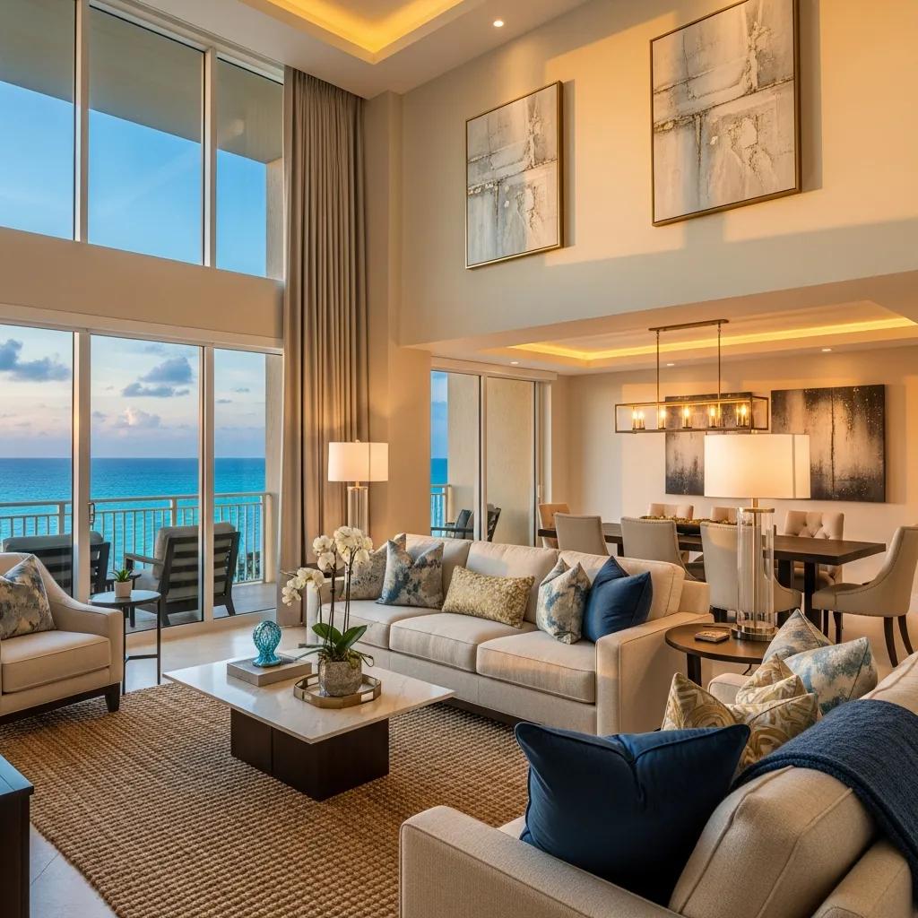 Interior of a luxury oceanfront condo featuring high-end finishes and stunning ocean views