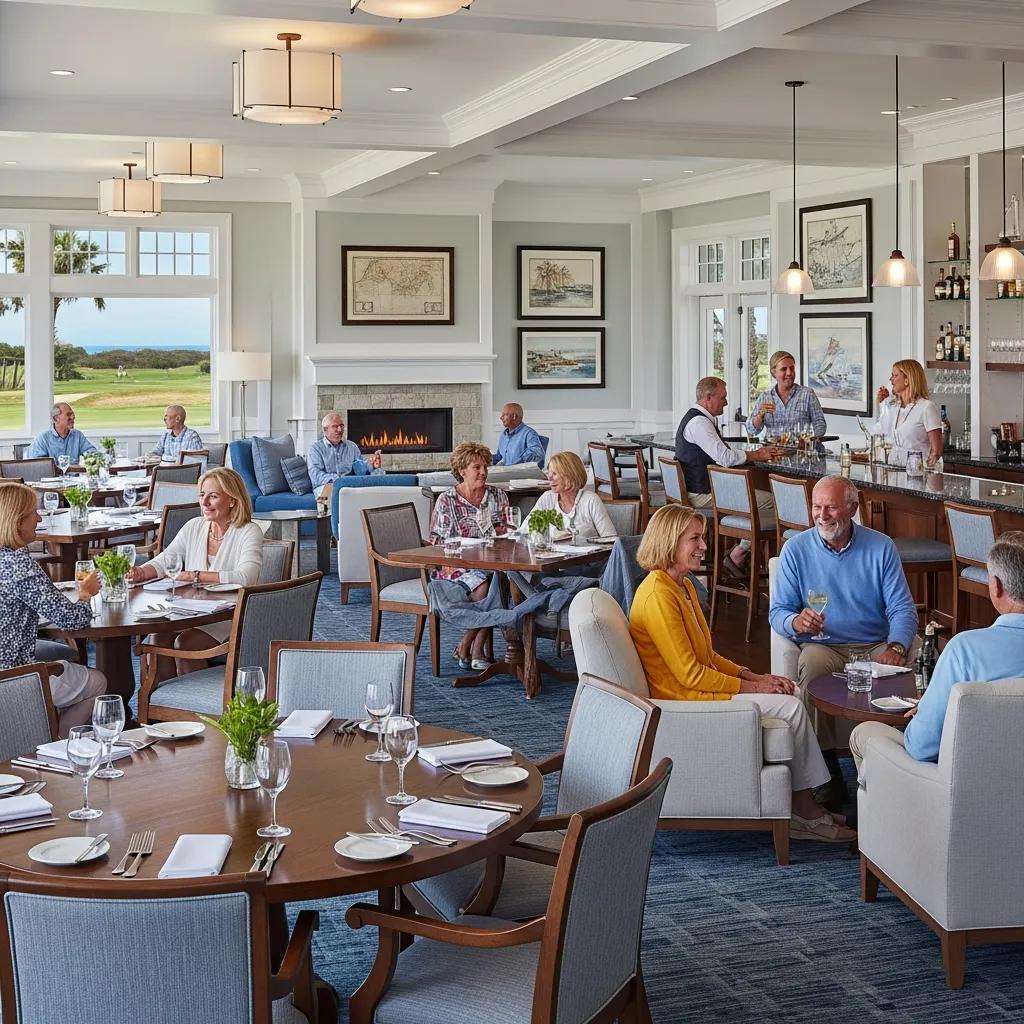 Interior view of a luxury clubhouse at Atlantic Beach Country Club with elegant dining and modern amenities
