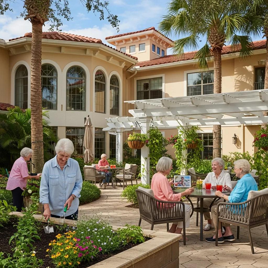 Luxurious assisted living facility garden with residents engaging in community activities, including gardening and socializing over drinks, highlighting quality lifestyle options in Northeast Florida.