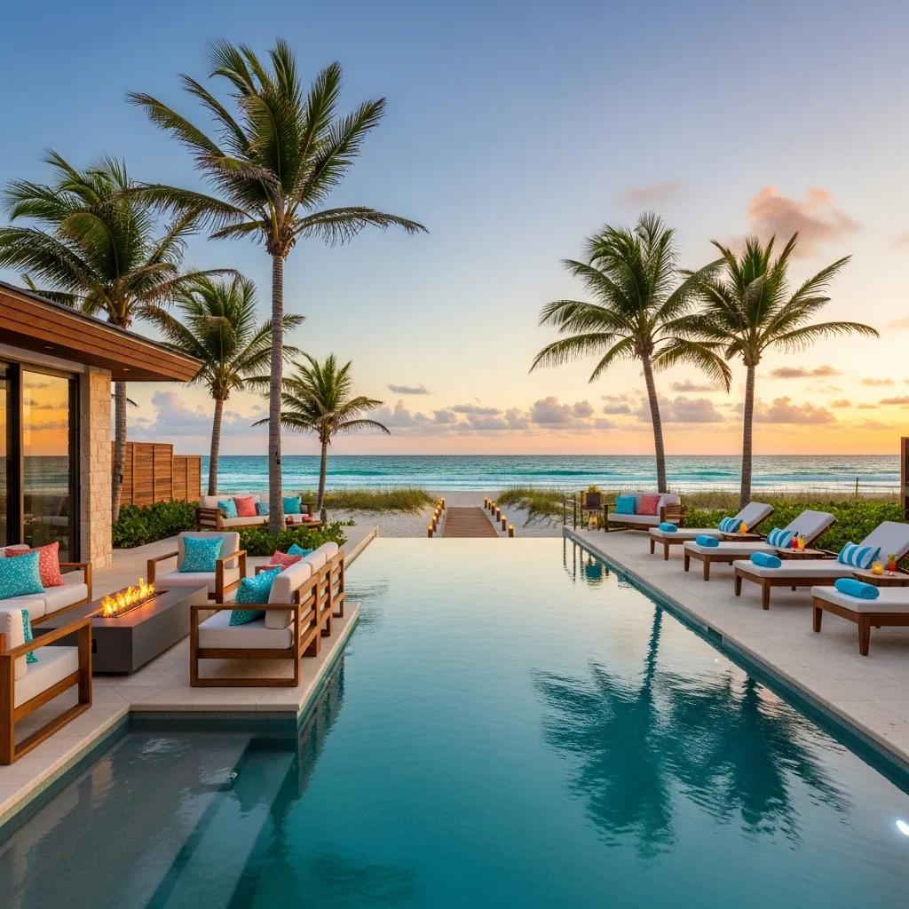 Luxurious beachfront property in Atlantic Beach, Florida, featuring a private infinity pool, outdoor lounge with colorful cushions, palm trees, and stunning ocean views at sunset.