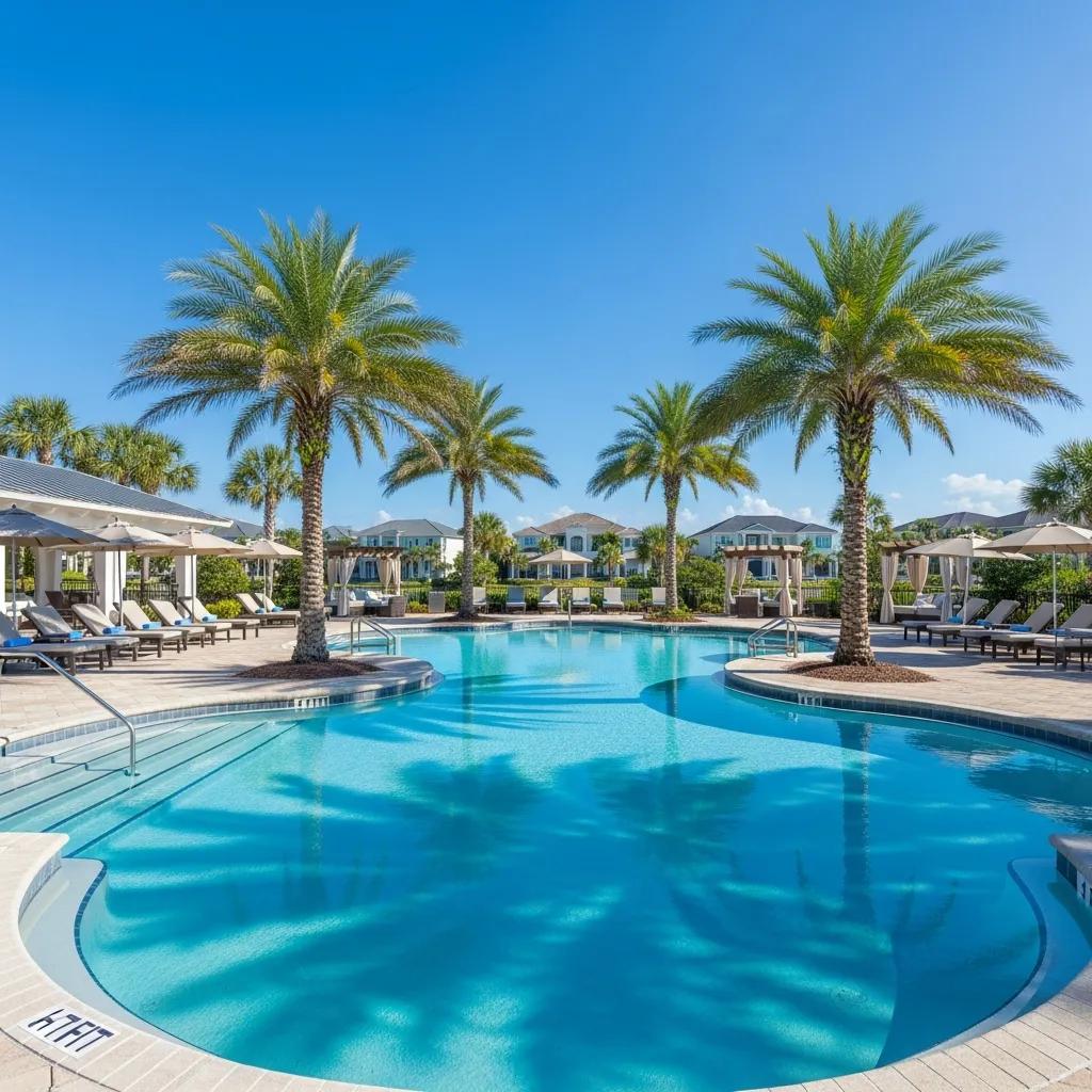 Luxurious community pool area surrounded by palm trees in a Jacksonville Beach coastal neighborhood, featuring lounge chairs and cabanas, emphasizing exclusive amenities in luxury oceanfront living.