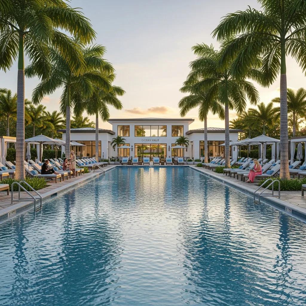 Luxurious community pool area at Ocean Walk featuring palm trees, sun loungers, and a modern clubhouse, ideal for upscale beachfront living.
