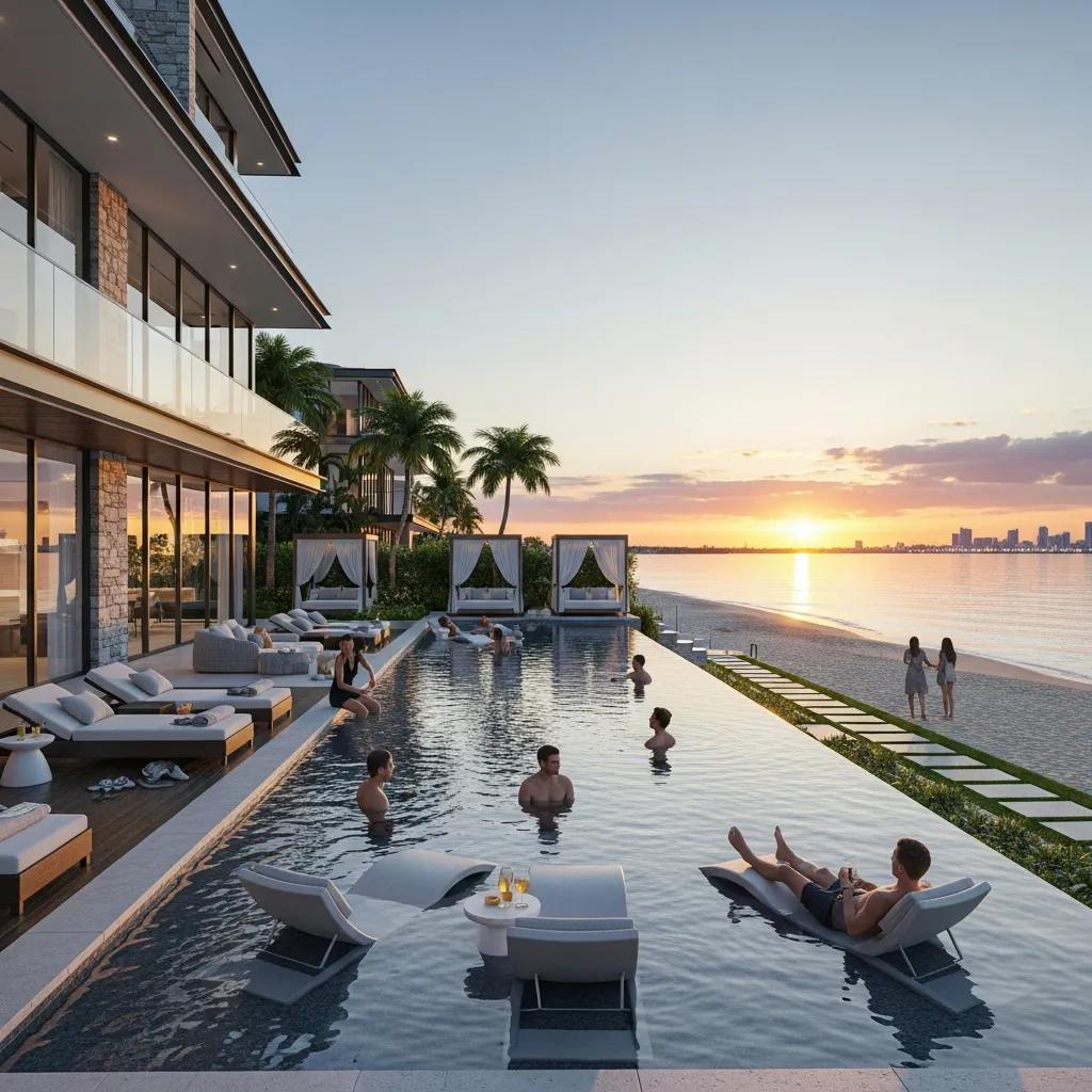 Luxurious urban waterfront property featuring an infinity pool, beach access, and sunset view, with people enjoying the serene atmosphere and relaxing on lounge chairs.